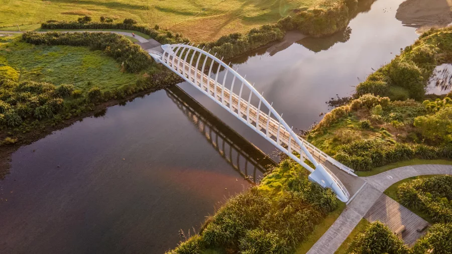 Aerial view of Te Rewa Rewa Bridge spanning the Waiwhakaiho River