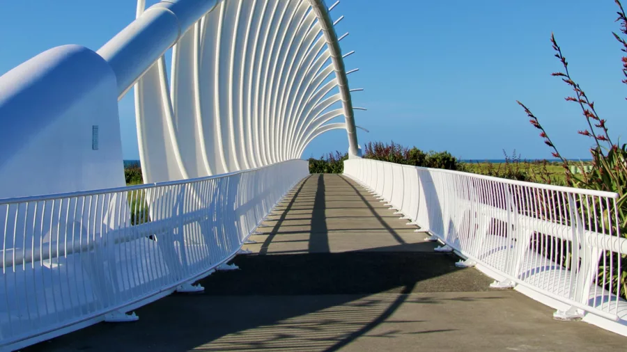 Te Rewa Rewa Bridge curving over the Waiwhakaiho River in New Plymouth