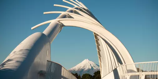 Te Rewa Rewa Bridge with Mount Taranaki framed in the distance
