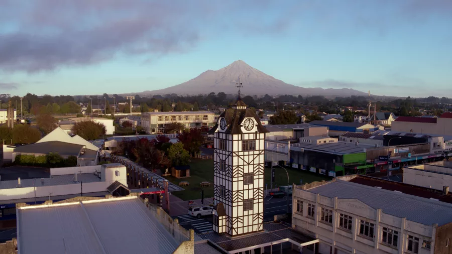 Stratford’s Glockenspiel clock tower with Mount Taranaki in the background