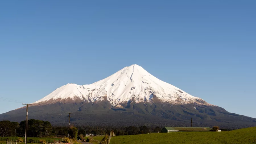 Snow-capped Mount Taranaki viewed from green farmland under a clear blue sky