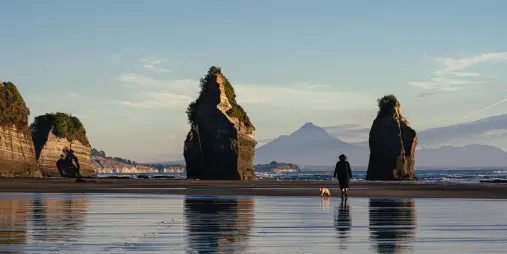 Person and dog walking near the Three Sisters sea stacks at Tongaporutu Beach with Mount Taranaki in view