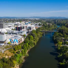 Waikato River flowing through Hamilton City, New Zealand.
