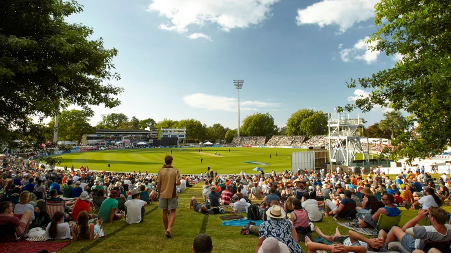 Crowd watching a one day international cricket match at Seddon Park in Hamilton, New Zealand.