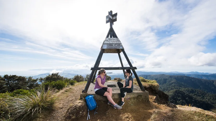 Hikers resting at the top of Mount Te Aroha Summit Track with panoramic views of the Waikato region in New Zealand.