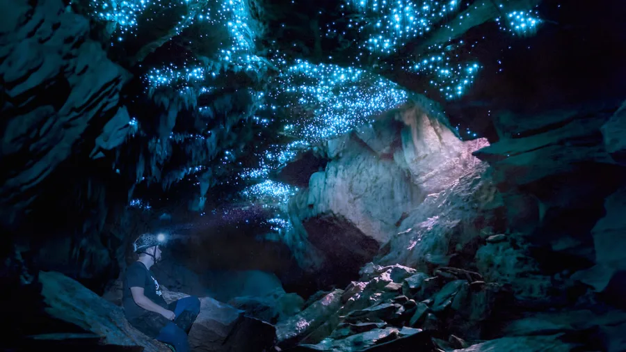 Guest wearing a headlamp sits beneath glowworms inside a limestone cave on a Glowing Adventures private tour in Waitomo
