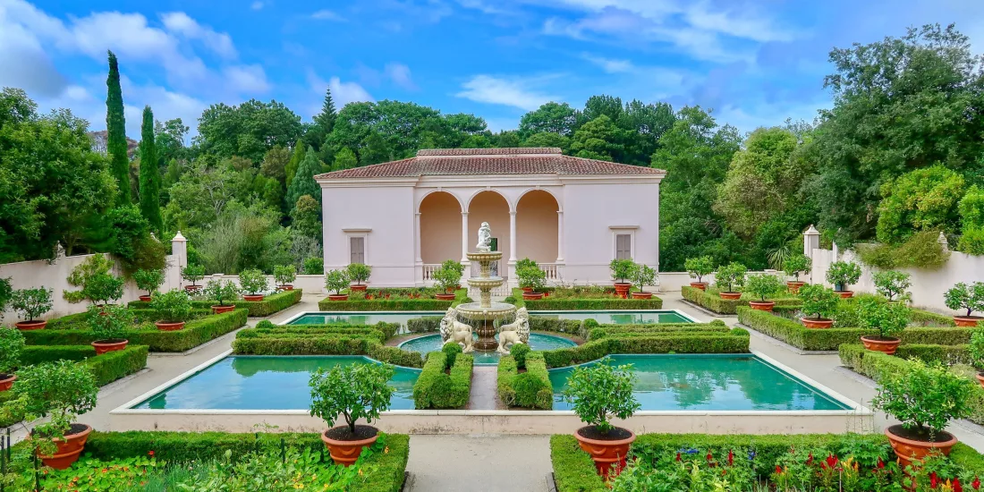 Italian Renaissance Garden with central fountain and manicured hedges at Hamilton Gardens in Waikato, New Zealand
