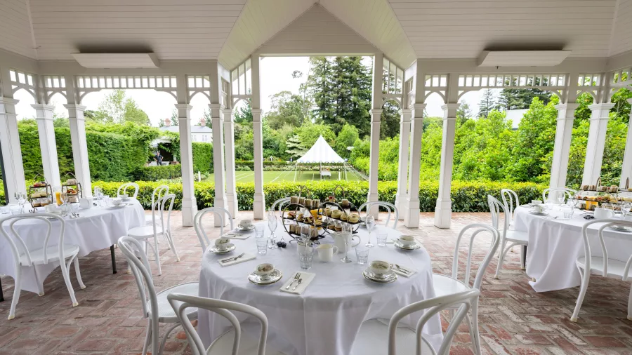 Elegant summerhouse pavilion set for a garden event in Hamilton Gardens, New Zealand
