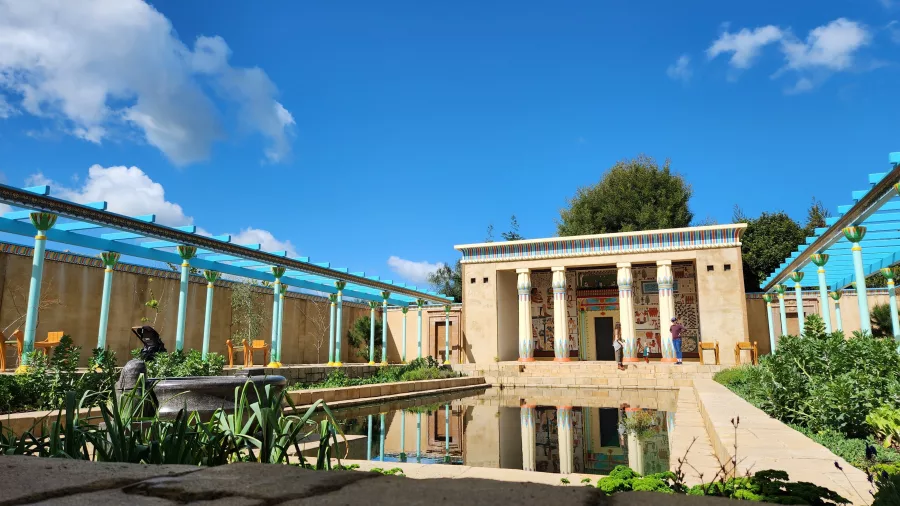 Ancient Egyptian Garden at Hamilton Gardens with painted columns and reflecting pool