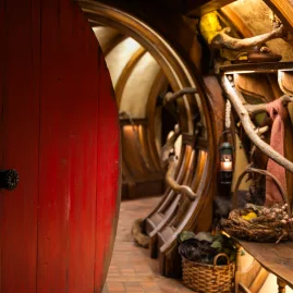 Red round door opening into Bagshot Row Hobbit hole with rustic interior decor