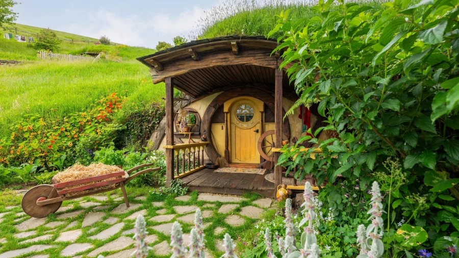 Close-up of a yellow-doored hobbit hole surrounded by lush garden plants and a wooden wheelbarrow
