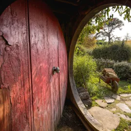 View from inside a hobbit hole at Hobbiton Movie Set looking out through a red round door onto a sunny garden in Matamata
