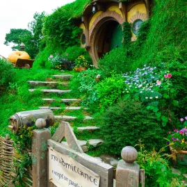 Steps leading up to Bag End, the hobbit home of Bilbo and Frodo Baggins, surrounded by lush gardens at Hobbiton Movie Set