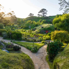 Golden hour light over winding garden paths, lush greenery and Hobbit holes at the Hobbiton Movie Set in Matamata