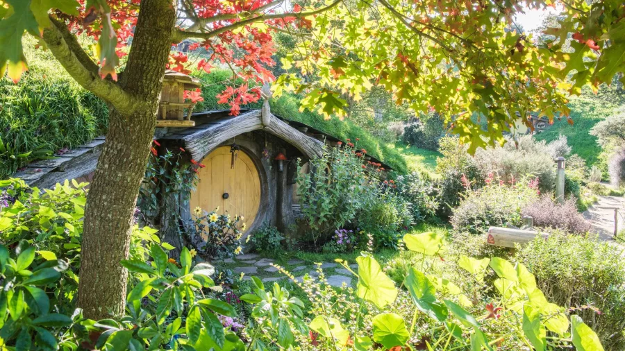 Charming hobbit house with a yellow door nestled beneath a tree in the lush landscape of Hobbiton Movie Set