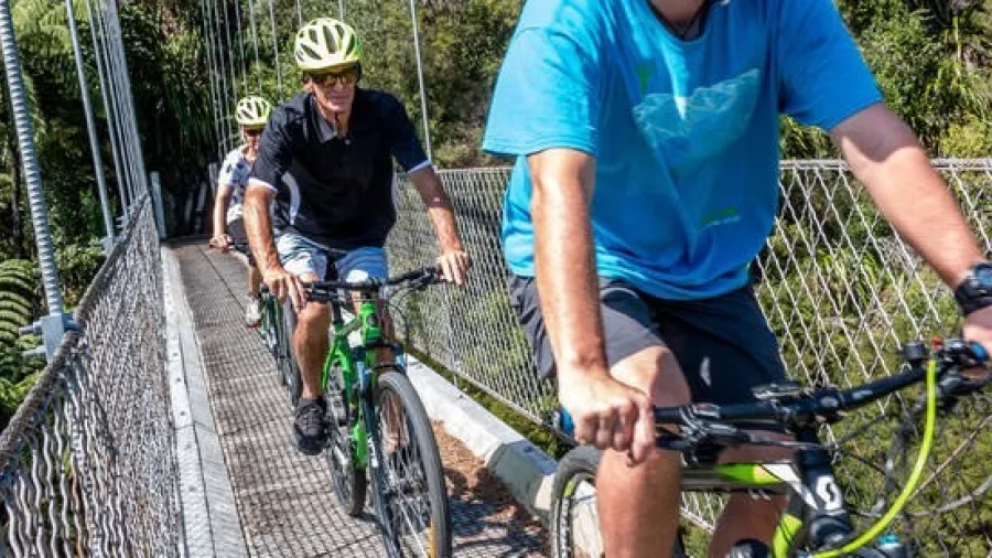 Group cycling across a suspension bridge in Waikato with Riverside Adventures