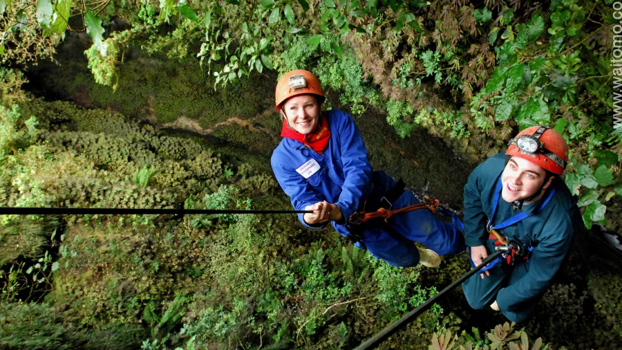 Smiling cavers abseiling into forest sinkhole