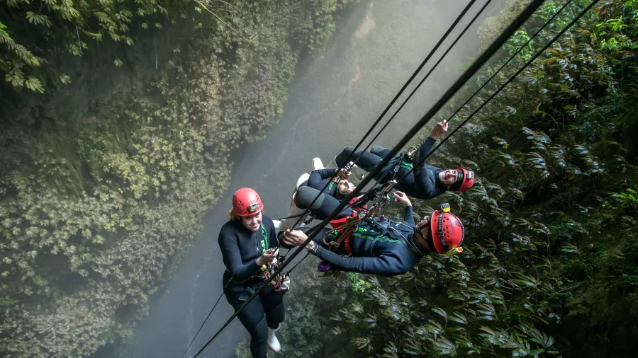 Abseiling group descending canyon in Waikato