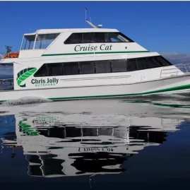 Side view of Chris Jolly’s Cruise Cat gliding across Lake Taupō