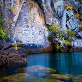 Ngātoroirangi Māori Rock Carvings at sunset on Lake Taupō