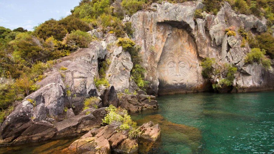 Scenic view of Ngātoroirangi Māori Rock Carvings on Lake Taupō