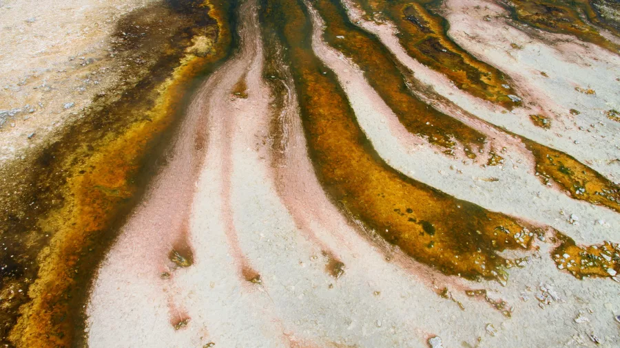 Close-up of pink and orange silica terrace patterns at Orakei Korako