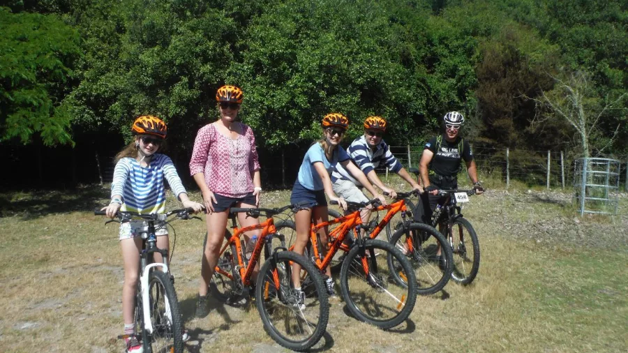 Family group ready to start the Orakau Cycle Trail mountain bike tour near Taupō