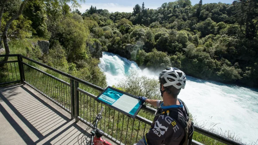 Cyclist reading an information panel overlooking Huka Falls along the Rotary Trail in Taupō