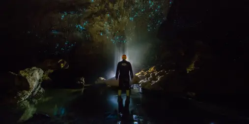 Person standing in an underground river cave during the Black Labyrinth glowworm tour in Waitomo