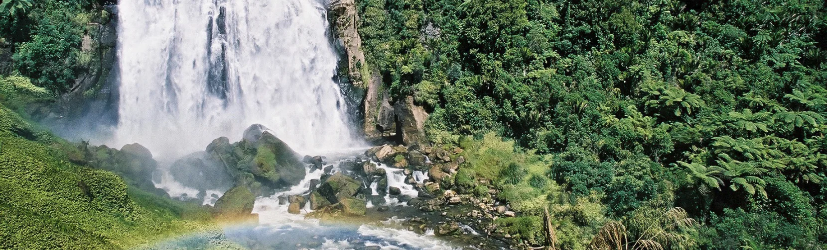 Marokopa Falls cascading through native forest in Waitomo with a rainbow across the water