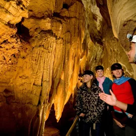 Waitomo guide explaining cave formations to a group of visitors wearing helmets inside an illuminated limestone cave