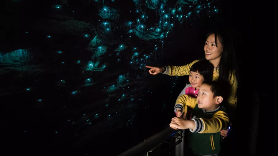 Chinese family enjoying a guided Waitomo Cave tour with glowworm lights