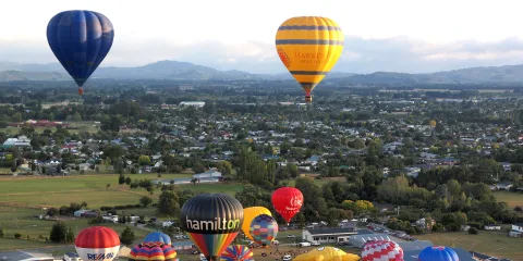 Hot air balloons taking off over the Wairarapa countryside in the Wellington Region, New Zealand