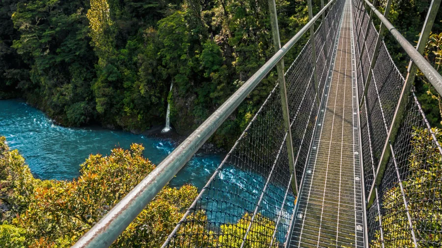 Suspension swing bridge crossing the Waiohine Gorge River in the Wellington Region, New Zealand
