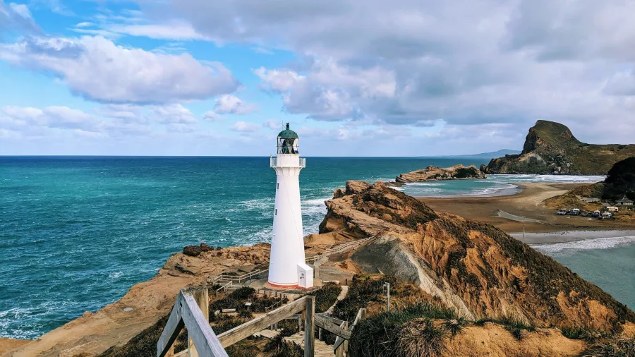 Castlepoint Lighthouse overlooking the Wairarapa coastline on a clear day
