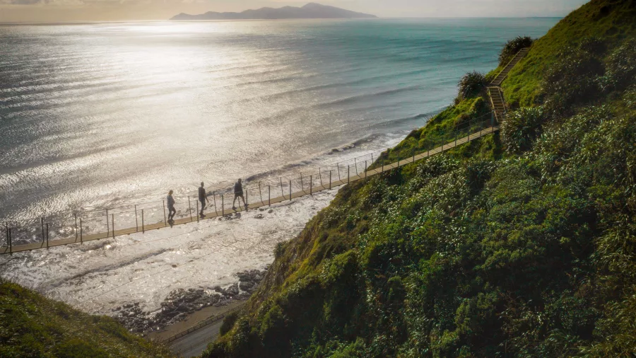 Hikers on the Escarpment Track between Pukerua Bay and Paekakariki with Kapiti Island in the distance, Kapiti Coast, New Zealand
