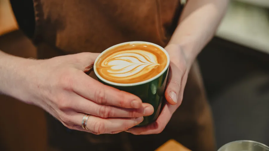 Barista holding a cup of coffee at Twenty Eight cafe in Lower Hutt, Wellington Region, New Zealand