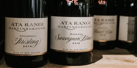 Bottles of Ata Rangi wines at a cellar in Martinborough