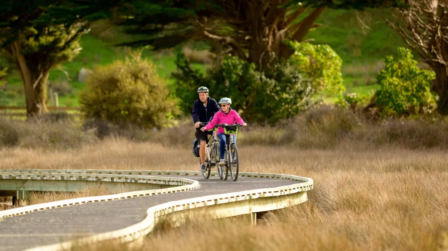 Cyclists on Te Ara Piko boardwalk in Porirua wetlands