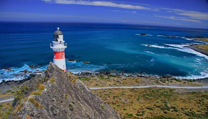 Cape Palliser Lighthouse overlooking the coastline in Palliser Bay Wellington Regio