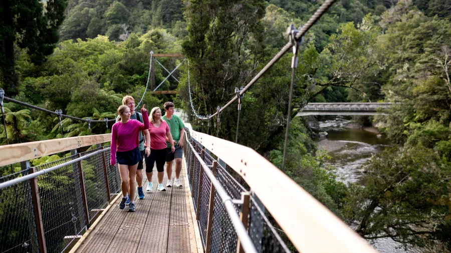 Group of people walking across the swing bridge at Kaitoke Regional Park in Upper Hutt