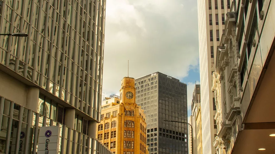 Wellington city buildings with the yellow clock tower on Lambton Quay