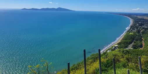 Aerial view of Kapiti Island and the Kapiti Coast from Paekākāriki Lookout