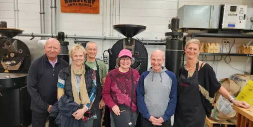 Group photo at The Roastery during a Wellington food tour