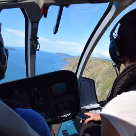 Inside a helicopter cockpit during a scenic flight over Bay of Many Coves