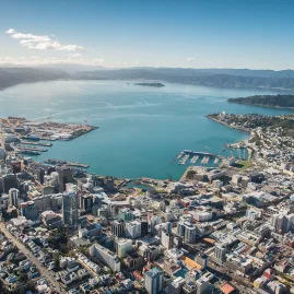 Aerial photo of Wellington city and harbour with marina and waterfront buildings