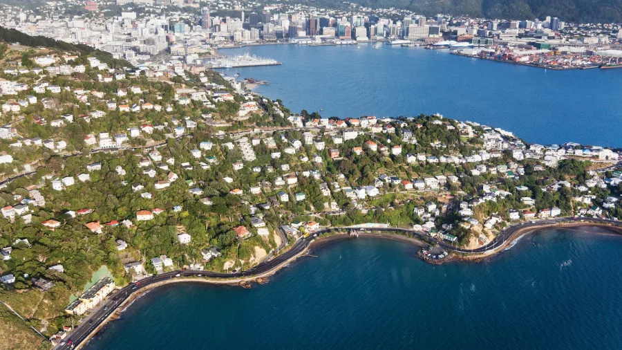 Helicopter view of Wellington Harbour and coastal homes on a sunny day