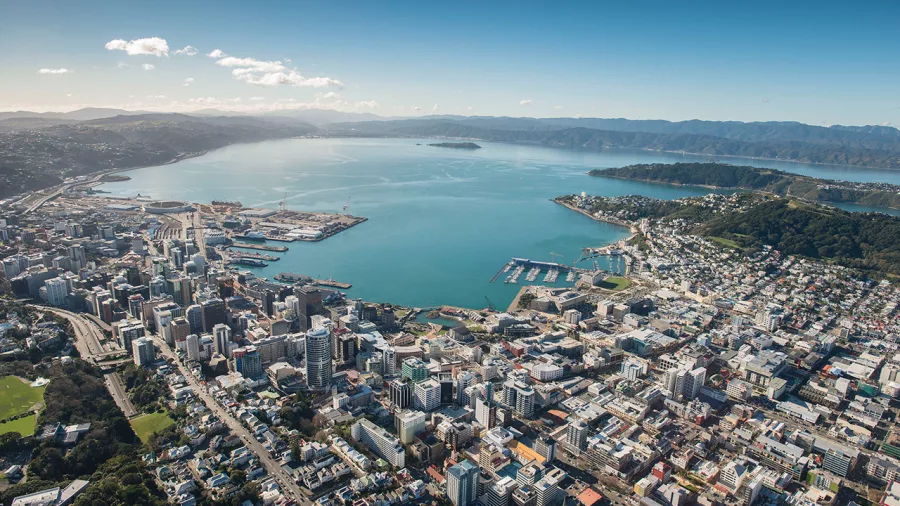 Aerial photo of Wellington city and harbour with marina and waterfront buildings