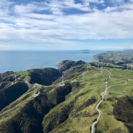 Aerial view of Wellington’s coastal hills dotted with wind turbines and a winding road