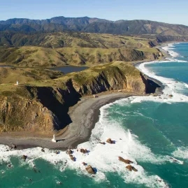 Aerial view of South Coast New Zealand with lighthouses and rugged shoreline